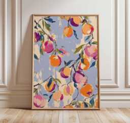 Colorful Peach Poster - Modern Botanical Fruit Art Print Kitchen Wall Decor - thumbnail 1