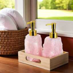 Rose Quartz Soap Dispenser Crystal Bathroom Decor With Gold Pump - thumbnail 1