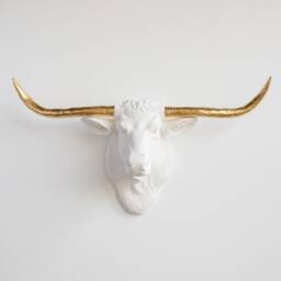 Faux Taxidermy Texas Longhorn Head Wall Mount - Decor White & Gold Tlh0108 - thumbnail 1