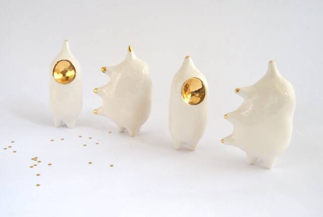 "Ceramic Alien Figure in White Clay With Real Gold Details, ""Spikes" - image 1