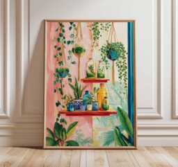 Colorful Plant Shelf Art Print, Botanical Wall Poster, Hanging Illustration, Boho Greenery Home Decor, Indoor Garden Artwork