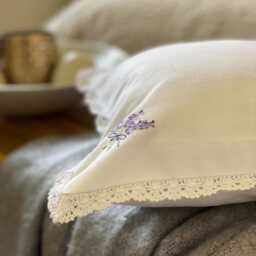 Lavender Embroidered Cushion Cover French Country Lace, 12x12 Cotton Pillow - thumbnail 2