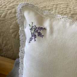 Lavender Embroidered Cushion Cover French Country Lace, 12x12 Cotton Pillow - thumbnail 3