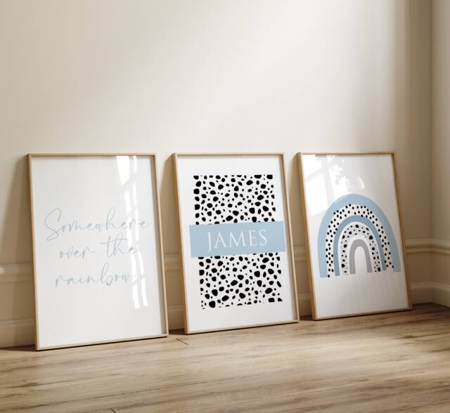 Rainbow Prints, Dalmatian Print Nursery Dusty Blue, Boys Wall Decor, Art, Set Of 3 Prints, Kids Prints - image 1
