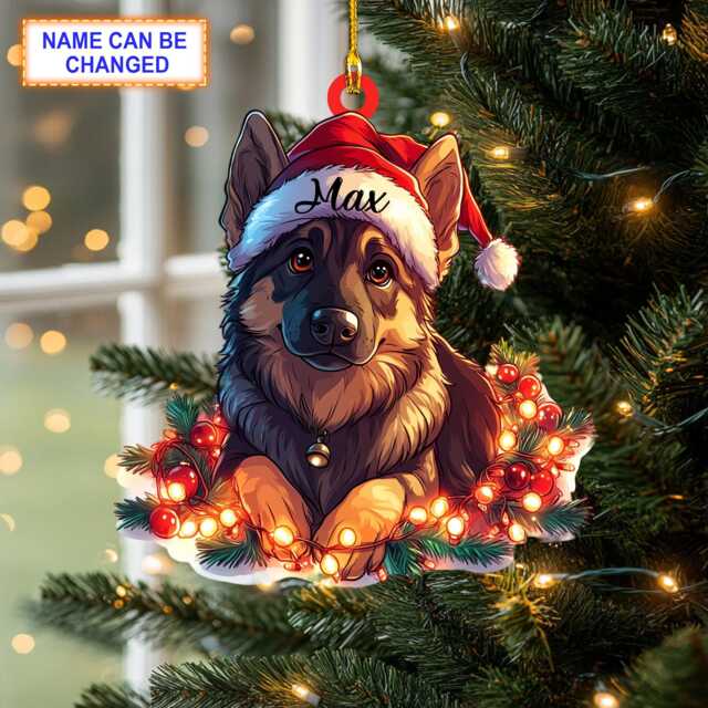 Custom Name German Shepherd Cute Dog With Santa Hat Christmas Lights Ornament, Tree Hanging Decor, 2D Ornament - image 1