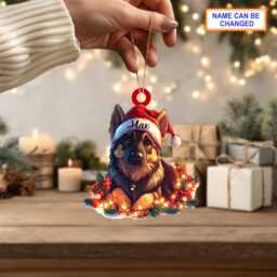 Custom Name German Shepherd Cute Dog With Santa Hat Christmas Lights Ornament, Tree Hanging Decor, 2D Ornament - thumbnail 2