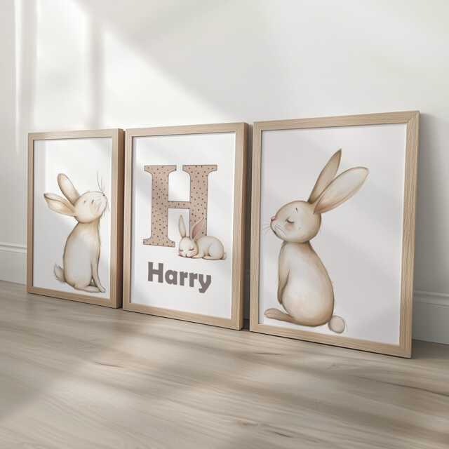 Kids Personalised Set Of 3 Bunny Prints, Childs Custom Name Posters, Girls Decor Wall Art Gift For Nursery, Bedroom Or Playroom, Boys Rabbit - image 1