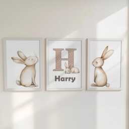 Kids Personalised Set Of 3 Bunny Prints, Childs Custom Name Posters, Girls Decor Wall Art Gift For Nursery, Bedroom Or Playroom, Boys Rabbit - thumbnail 3