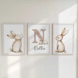 Kids Personalised Set Of 3 Bunny Prints, Childs Custom Name Posters, Girls Decor Wall Art Gift For Nursery, Bedroom Or Playroom, Boys Rabbit - thumbnail 2