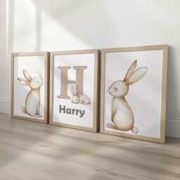 Kids Personalised Set Of 3 Bunny Prints, Childs Custom Name Posters, Girls Decor Wall Art Gift For Nursery, Bedroom Or Playroom, Boys Rabbit - thumbnail 1