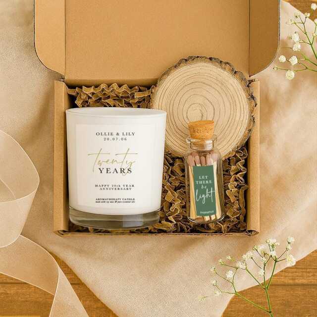Personalised Anniversary Candle Gift Set - Soy Aromatherapy Candle, Wood Coaster, Matches - image 1