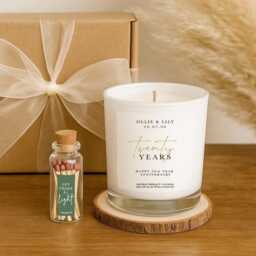 Personalised Anniversary Candle Gift Set - Soy Aromatherapy Candle, Wood Coaster, Matches - thumbnail 2