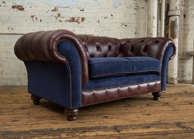 2 Seater Brown Leather Chesterfield Sofa, Navy Blue Velvet Fabric, British Handmade - image 1