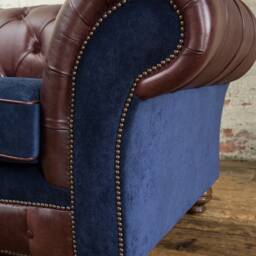 2 Seater Brown Leather Chesterfield Sofa, Navy Blue Velvet Fabric, British Handmade - thumbnail 3