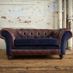 2 Seater Brown Leather Chesterfield Sofa, Navy Blue Velvet Fabric, British Handmade - thumbnail 2