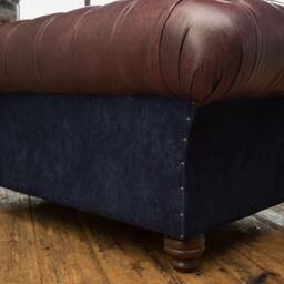 2 Seater Brown Leather Chesterfield Sofa, Navy Blue Velvet Fabric, British Handmade - thumbnail 4