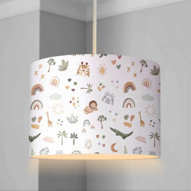 Lampshade - Little Safari Doodles Nursery Ceiling Or Table Lampshade, Childrens Room Round Animal Decor - image 1