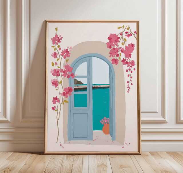 Mediterranean Window View Art Print, Pink Bougainvillea Poster, Boho Travel Aesthetic, Coastal Wall Decor, Summer Vibe Gift - image 1