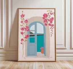 Mediterranean Window View Art Print, Pink Bougainvillea Poster, Boho Travel Aesthetic, Coastal Wall Decor, Summer Vibe Gift - thumbnail 1
