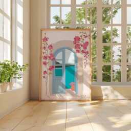 Mediterranean Window View Art Print, Pink Bougainvillea Poster, Boho Travel Aesthetic, Coastal Wall Decor, Summer Vibe Gift - thumbnail 3