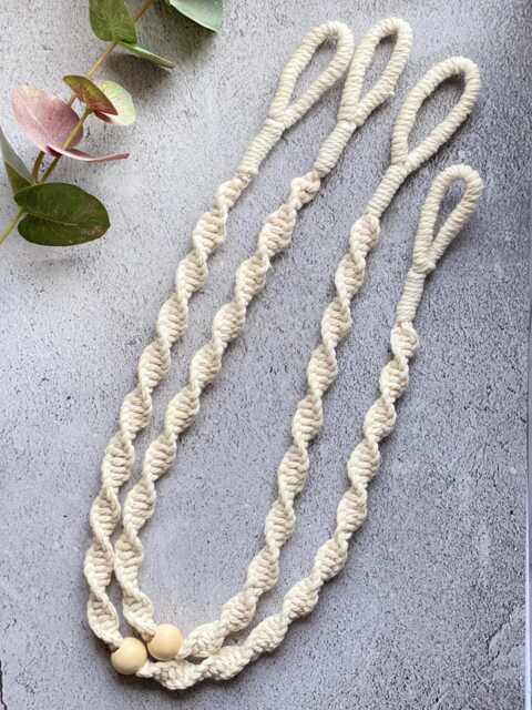 Macrame Curtain Tiebacks Sets Of 2, Boho Window Treatment Hold Backs, Beaded Sheers Wraps, Rustic Voiles Holders - image 1