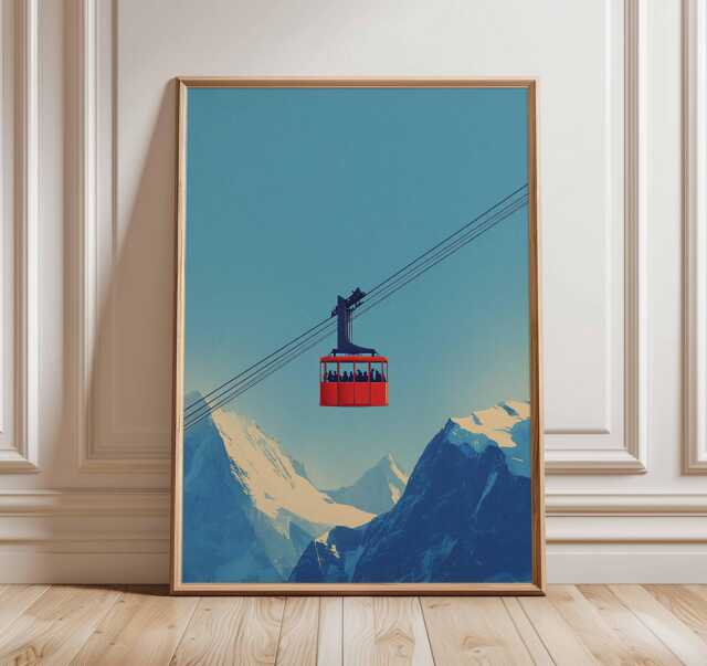 Red Ski Gondola Art Print Poster, Minimalist Graphic Mountain Travel Wall Decor Unique Gift - image 1
