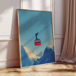 Red Ski Gondola Art Print Poster, Minimalist Graphic Mountain Travel Wall Decor Unique Gift - thumbnail 2