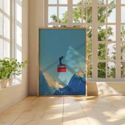 Red Ski Gondola Art Print Poster, Minimalist Graphic Mountain Travel Wall Decor Unique Gift - thumbnail 3