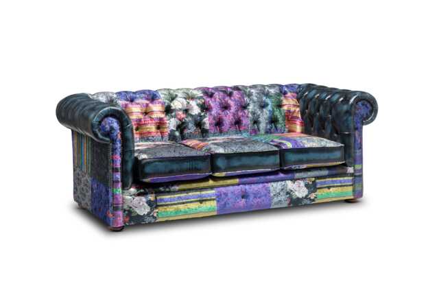 Chesterfield Three Seater Sofa Patchwork Blue Velvet/Antique Leather - image 1