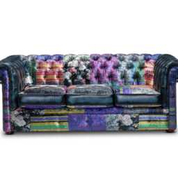 Chesterfield Three Seater Sofa Patchwork Blue Velvet/Antique Leather - thumbnail 2