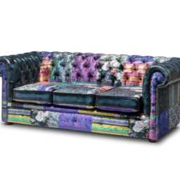 Chesterfield Three Seater Sofa Patchwork Blue Velvet/Antique Leather - thumbnail 3