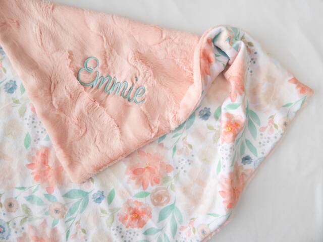 Dahlia Floral Personalized Baby Blanket, Minky Girl Monogram Shower Gift, New Baby, Blanket - image 1