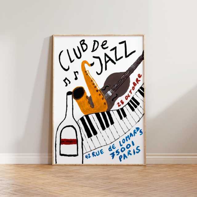 Retro Music Wall Art, Mid Century Modern Hand Painted Club De Jazz Print, French Decor, Prints Poster - image 1