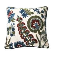 Embroidered Linen Cushion Cover Zoffany Hardwick Crewel Floral Pillow - thumbnail 2