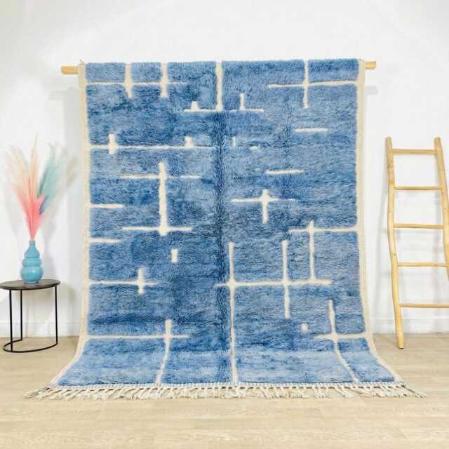 Moroccan Blue Berber Rug, Authentic Beni Ourain Style Carpet, Large 9x12 Area Handwoven Wool Shag Geometric Plus Sign - image 1
