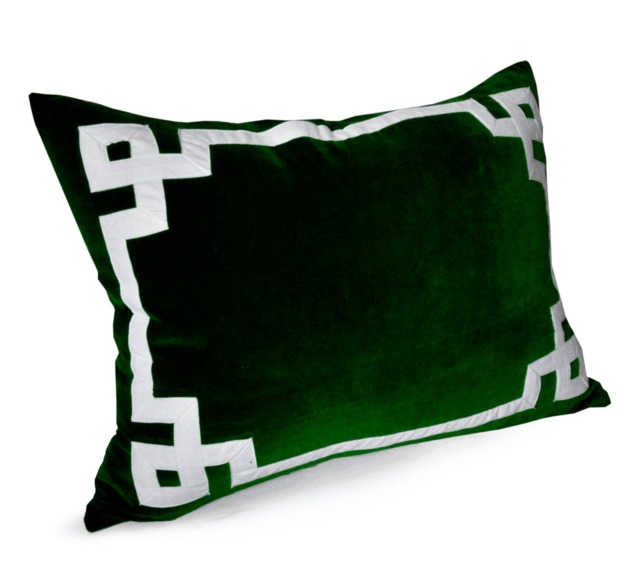 Emerald Green Velvet Pillow, Throw Pillow Cover, Greek Key Trim Applique White - image 1