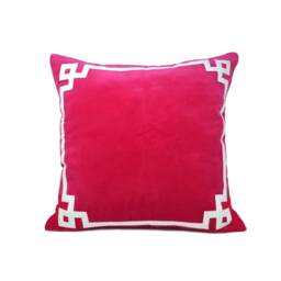 Emerald Green Velvet Pillow, Throw Pillow Cover, Greek Key Trim Applique White - thumbnail 3