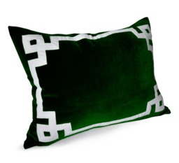 Emerald Green Velvet Pillow, Throw Pillow Cover, Greek Key Trim Applique White - thumbnail 1