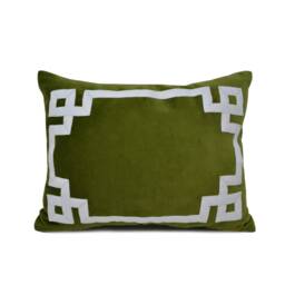 Emerald Green Velvet Pillow, Throw Pillow Cover, Greek Key Trim Applique White - thumbnail 2