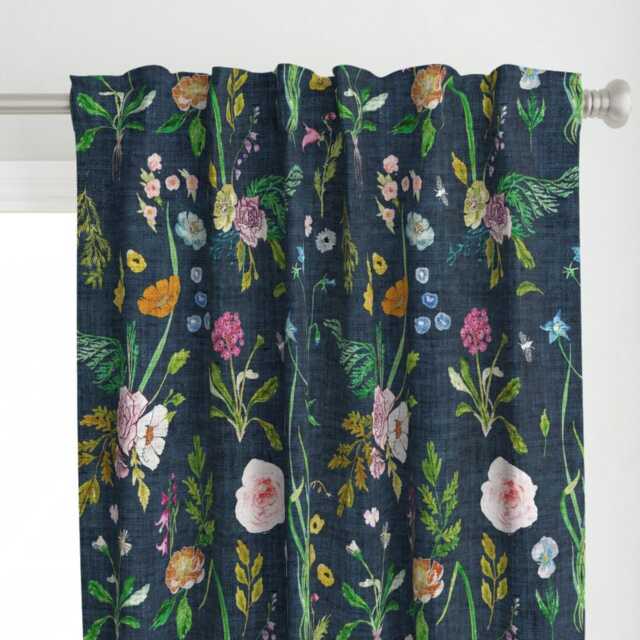 Floral Curtain Panel - Summer Daisy Navy Blue Flowers Rose Vintage Custom Jane By Nouveau_Bohemian - image 1