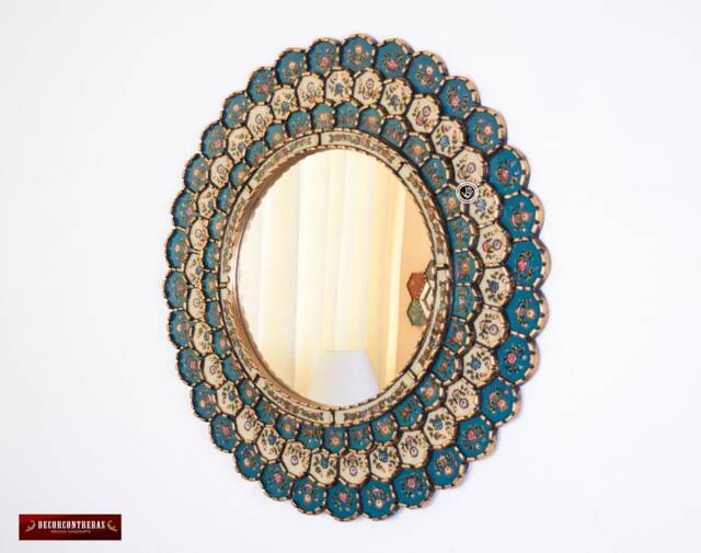 Peruvian Round Wall Mirror 31.5In, Gold Wood Framed Wall Mirror, Bluish Turquoise Accent Decorative, Painting On Glass Mirror - image 1