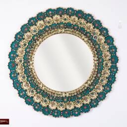 Peruvian Round Wall Mirror 31.5In, Gold Wood Framed Wall Mirror, Bluish Turquoise Accent Decorative, Painting On Glass Mirror - thumbnail 3