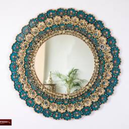 Peruvian Round Wall Mirror 31.5In, Gold Wood Framed Wall Mirror, Bluish Turquoise Accent Decorative, Painting On Glass Mirror - thumbnail 2