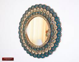 Peruvian Round Wall Mirror 31.5In, Gold Wood Framed Wall Mirror, Bluish Turquoise Accent Decorative, Painting On Glass Mirror - thumbnail 1