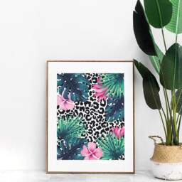 Leopard Print Tropical Wall Print, Flowers Poster, Botanical Animal Decor - thumbnail 1