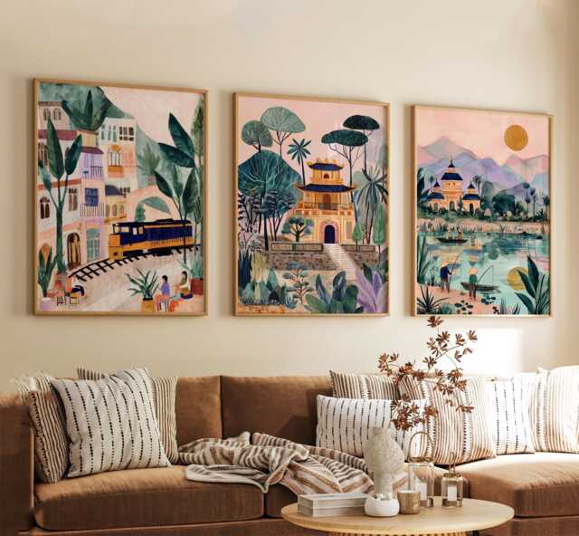 Hanoi Vietnam Poster Set Of 3, Vintage Inspired City Landscape Wall Art, Neutral Asian Travel Prints - image 1