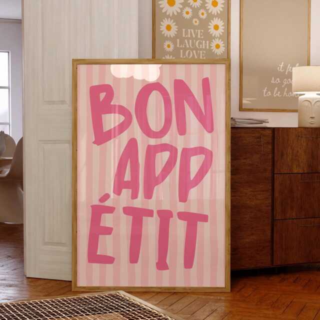 Bon Appetit Poster, Typography Print, French Quote Pink Stripped Kitchen Wall Art, Funky Girly Maximalist Print - image 1