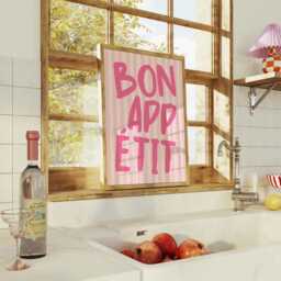 Bon Appetit Poster, Typography Print, French Quote Pink Stripped Kitchen Wall Art, Funky Girly Maximalist Print - thumbnail 2