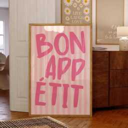 Bon Appetit Poster, Typography Print, French Quote Pink Stripped Kitchen Wall Art, Funky Girly Maximalist Print - thumbnail 1