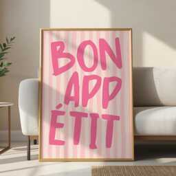 Bon Appetit Poster, Typography Print, French Quote Pink Stripped Kitchen Wall Art, Funky Girly Maximalist Print - thumbnail 3
